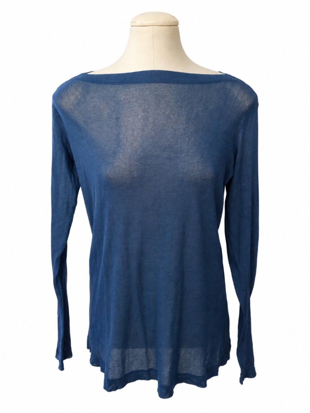 Cut Loose Blue Boatneck Long Sleeve Semi-Sheer Knit Top Size Medium Garment Dyed